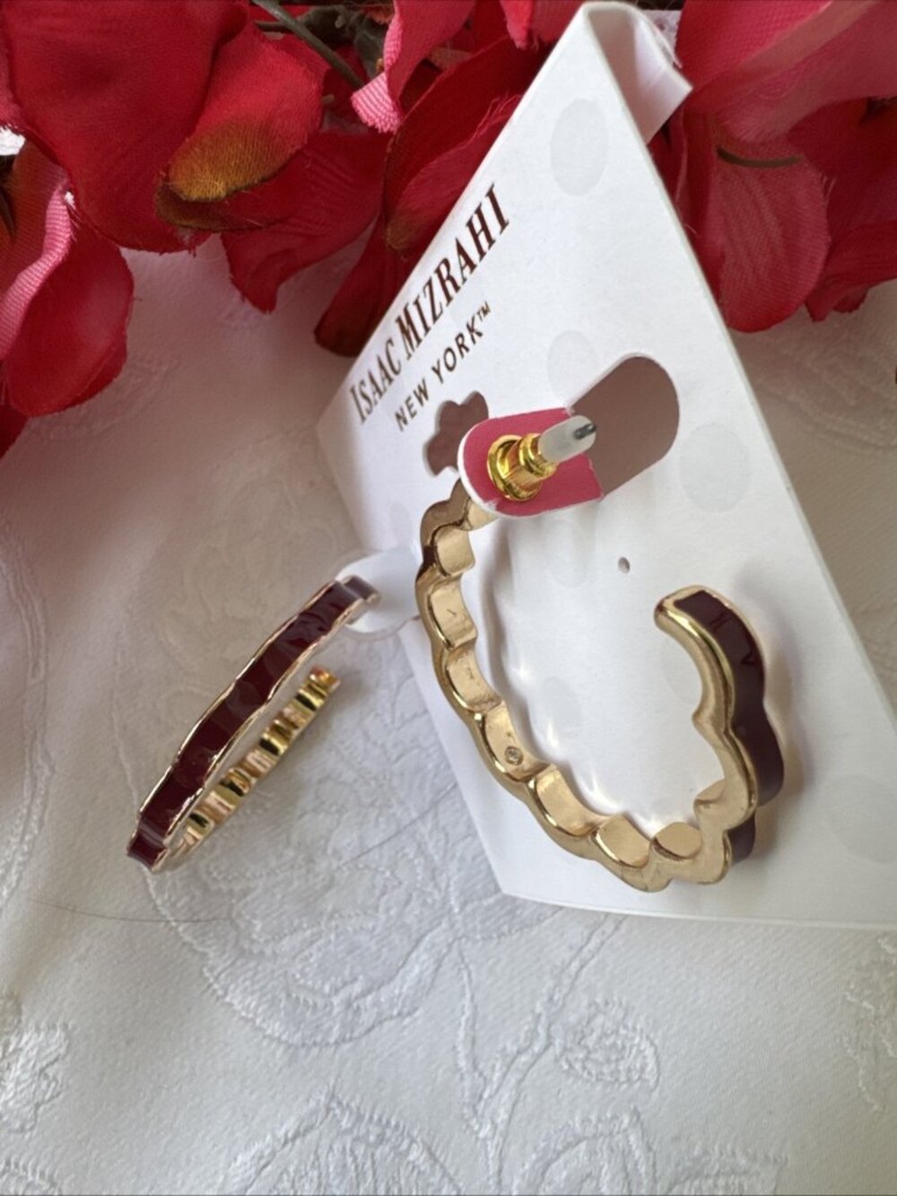 Isaac Mizrahi Shiny Gold Burgundy Wine Floral Hoop Earrings 1.5" MSRP $38 NEW